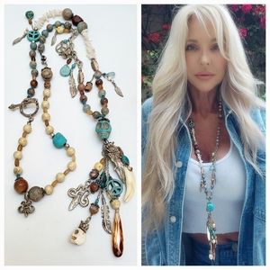 Sterling Silver Skull and Horn Kinley Necklace in turquoise and sandstone